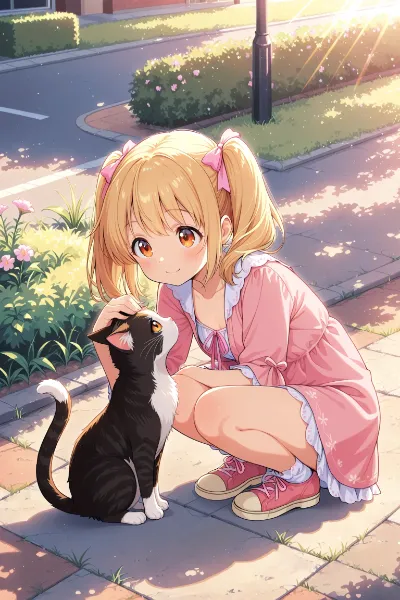 金色の夕陽で子猫と出会う少女