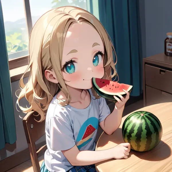 こだますいかを食べるおでこちゃん