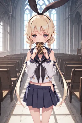 教会でチョコを食べるバニーガール