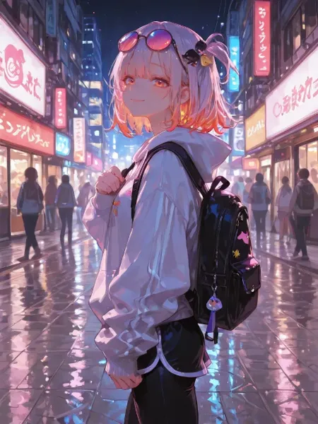 夜のネオン街を歩く少女