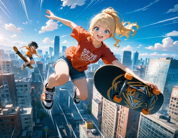 黒髪＆ブロンド・スケートボード