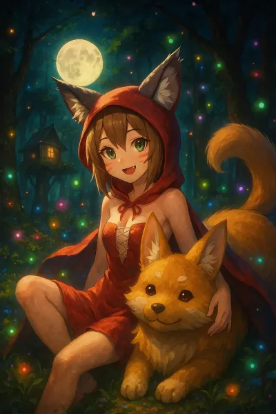 でかい柴犬か狐かどっちかわからない獣で暖をとる狼耳の赤ずきん系女子、決して抱えている狐柴犬を昼飯にしようだなんて考えていない。考えていない…