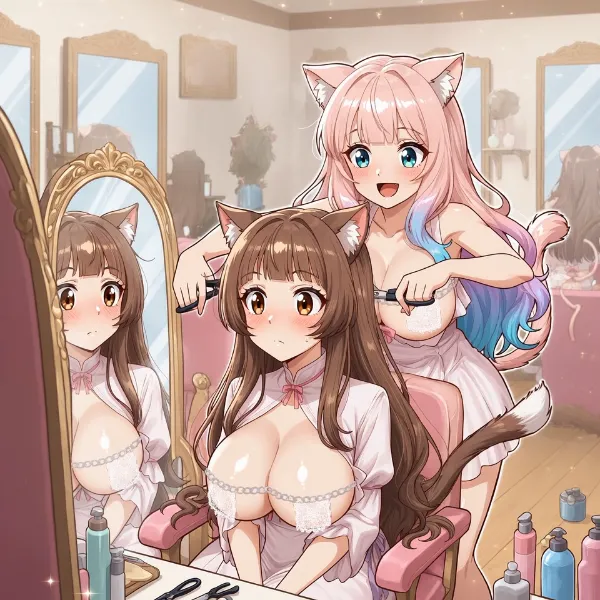 前髪をぱっつんにされて慌てる猫又さん