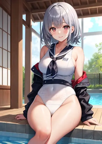 笑顔の君とセーラ服水着