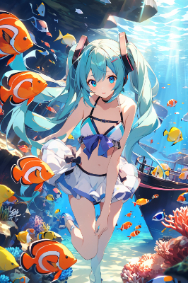 深海少女　沈没船とカラフルな魚達