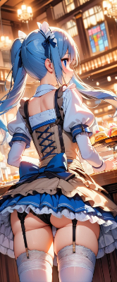 かわいい青髪ウエイトレスさんの後ろ姿