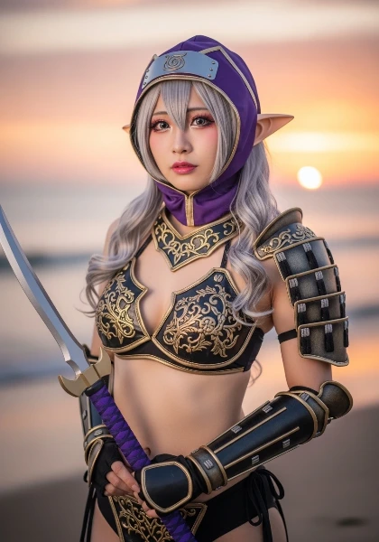 夕陽に輝く紫のエルフ剣士