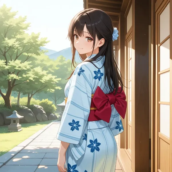 青い浴衣の夏少女