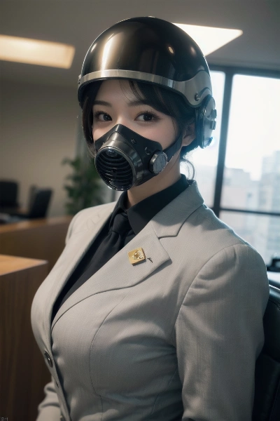 マスク＆ヘルメットで働くお姉さん