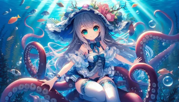 海底で微笑む少女と優しい触手