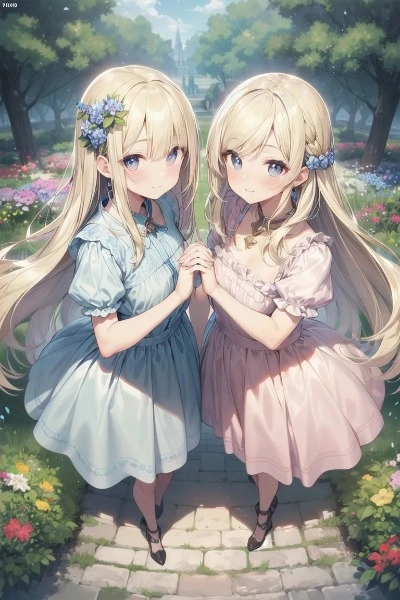 庭園に佇む金色の髪の姉妹