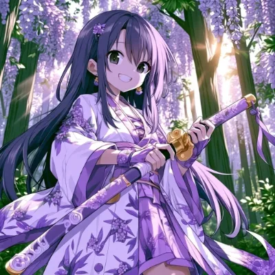 紫藤の森に立つ剣姫の微笑