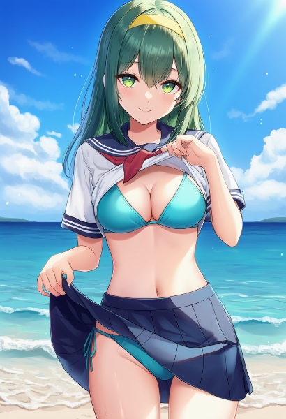 夏の海で制服をまとう緑の瞳