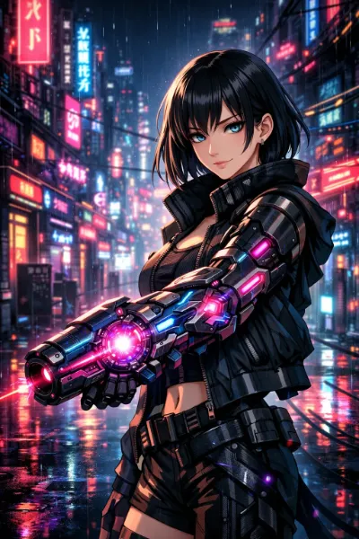 ネオン雨に輝く機械の狩人