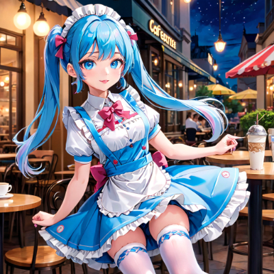 夜の青髪ウエイトレスさん