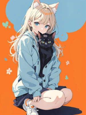 black cat and girl