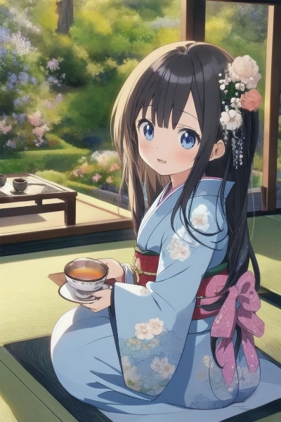 和の風景、お茶と美少女