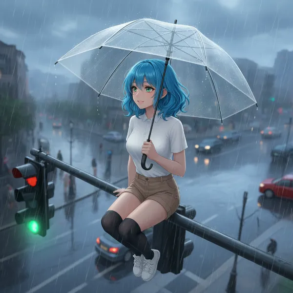 【雨】雨に煙る道路を見下ろす少女