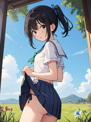 ポニテJ〇ちゃんの紐パンちら見せ