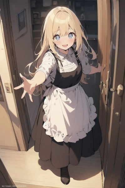 玄関で出迎える金色の髪の少女