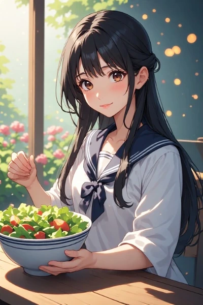 窓辺でサラダを味わう少女の微笑み