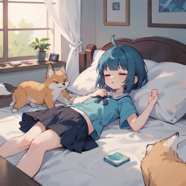 寝ている女の子と狐