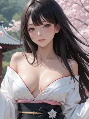 桜の下で輝く黒髪美人