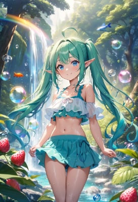 エルフの少女といちごと空中を泳ぐ魚
