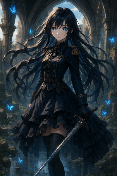 廃墟の剣士と青い蝶の舞