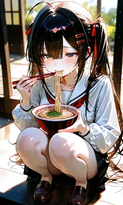 『昨日のことを反省しながら、麺をすするクロミちゃん』🍜