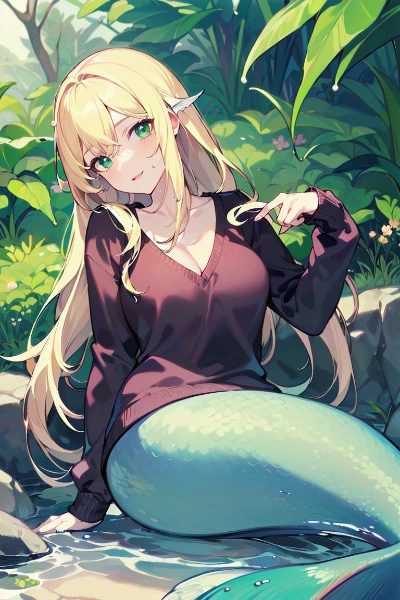 vネックのセーターを着衣した人魚姫