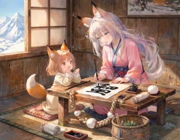 コン子とコン子ママ・書き初め