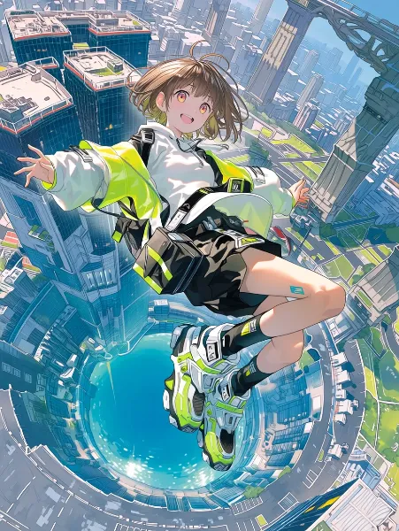 未来都市を駆け抜ける少女の自由飛行。