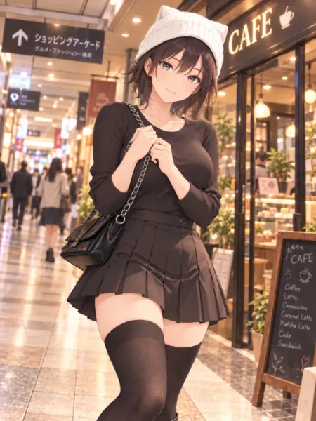 猫耳ニット帽の女性とカフェの午後