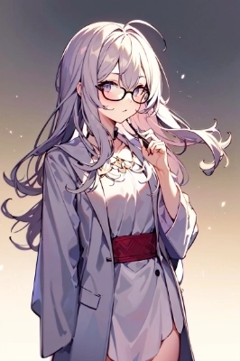 blown hair, eye glass,robe, girl ,