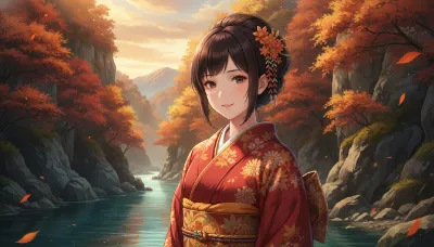 秋の紅葉舞う渓谷で微笑む着物少女