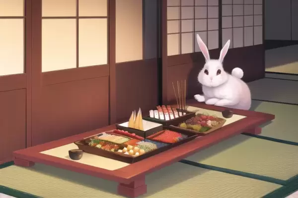 あ、うさぎがおせちを狙っているよ