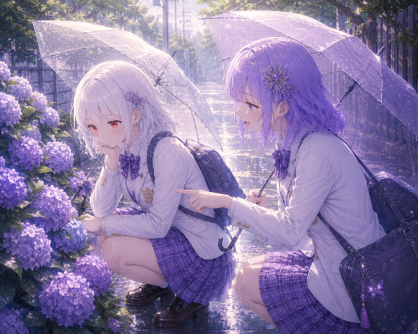 雨の紫陽花に微笑む二人の放課後