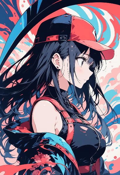 逆さ帽子の少女と色彩の渦