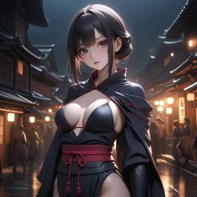 雨夜の妖艶な黒髪美女