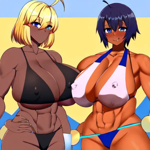 2人ずつ褐色筋肉娘