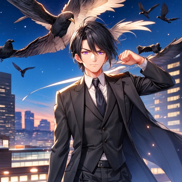 黒髪短髪男性と烏・その1(2枚)