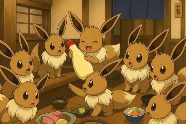 イーブイの日が過ぎてもマヨネーズの取り合いを続行するイーブイたち