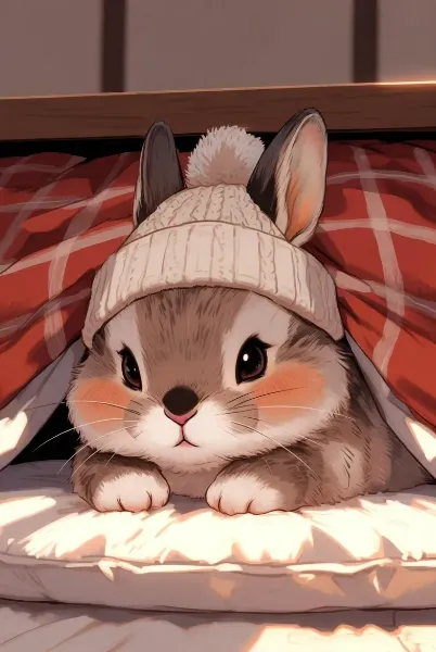 ニット帽をかぶってこたつに入って頬を赤らめるでかいウサギ
