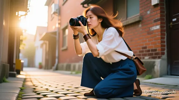 朝日に輝くストリートフォトグラファー