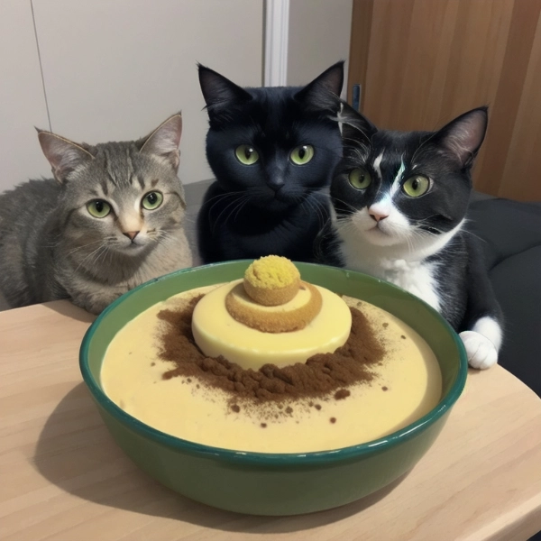 デコレーションしたカスタードプリンを囲む猫たち