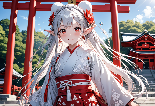 紅い鳥居の下で咲くエルフの微笑み