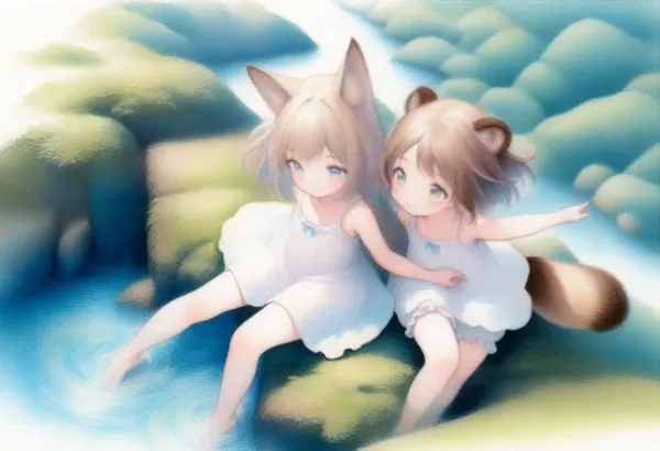 コン子とポン子・水遊び