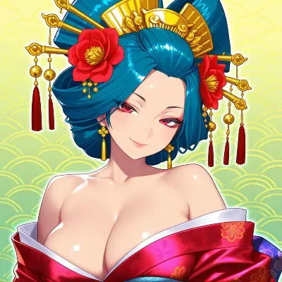 青髪花魁の艶めかしい微笑