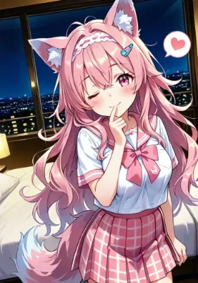 夜景の窓辺で微笑む狐耳少女
